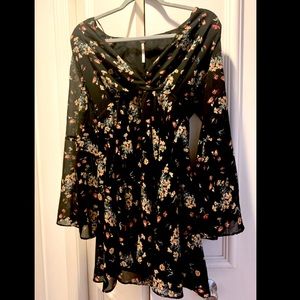 Free People, size S black floral long-sleeve dress